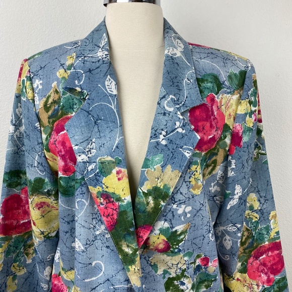 90s Y2K Danielle B Blue Woman 12 Floral Blazer Rayon Flax Cottagecore Career Art - Picture 2 of 9